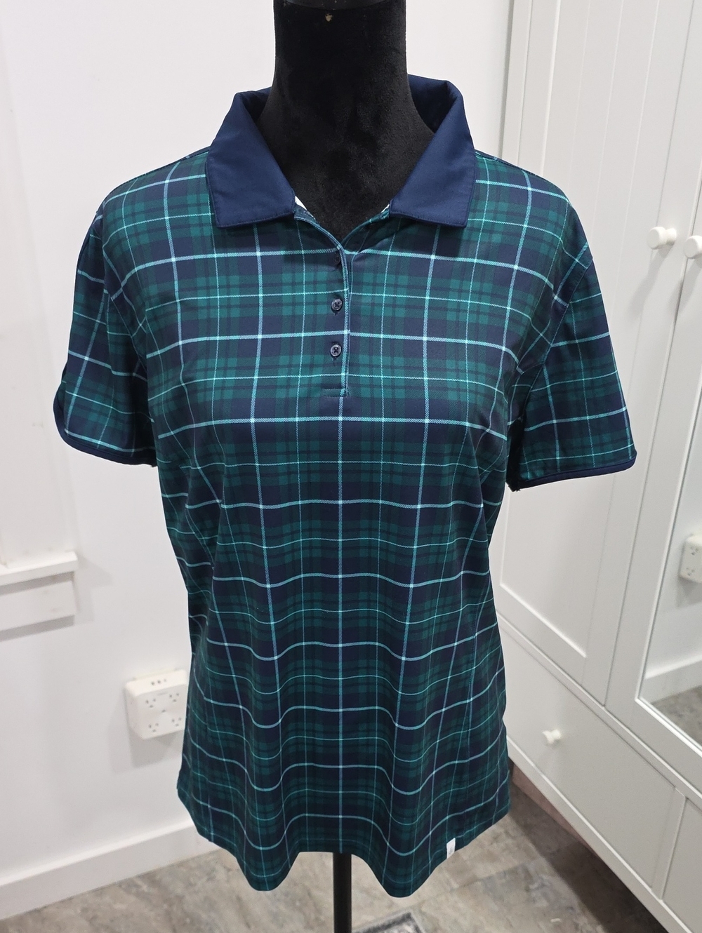 Lady Hagen Navy and Teal Plaid Golf Polo Shirt Size XL